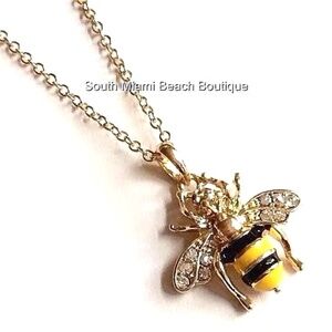Gold Crystal Bumble Bee Necklace 18" Yellow Black Enamel Plated USA Seller